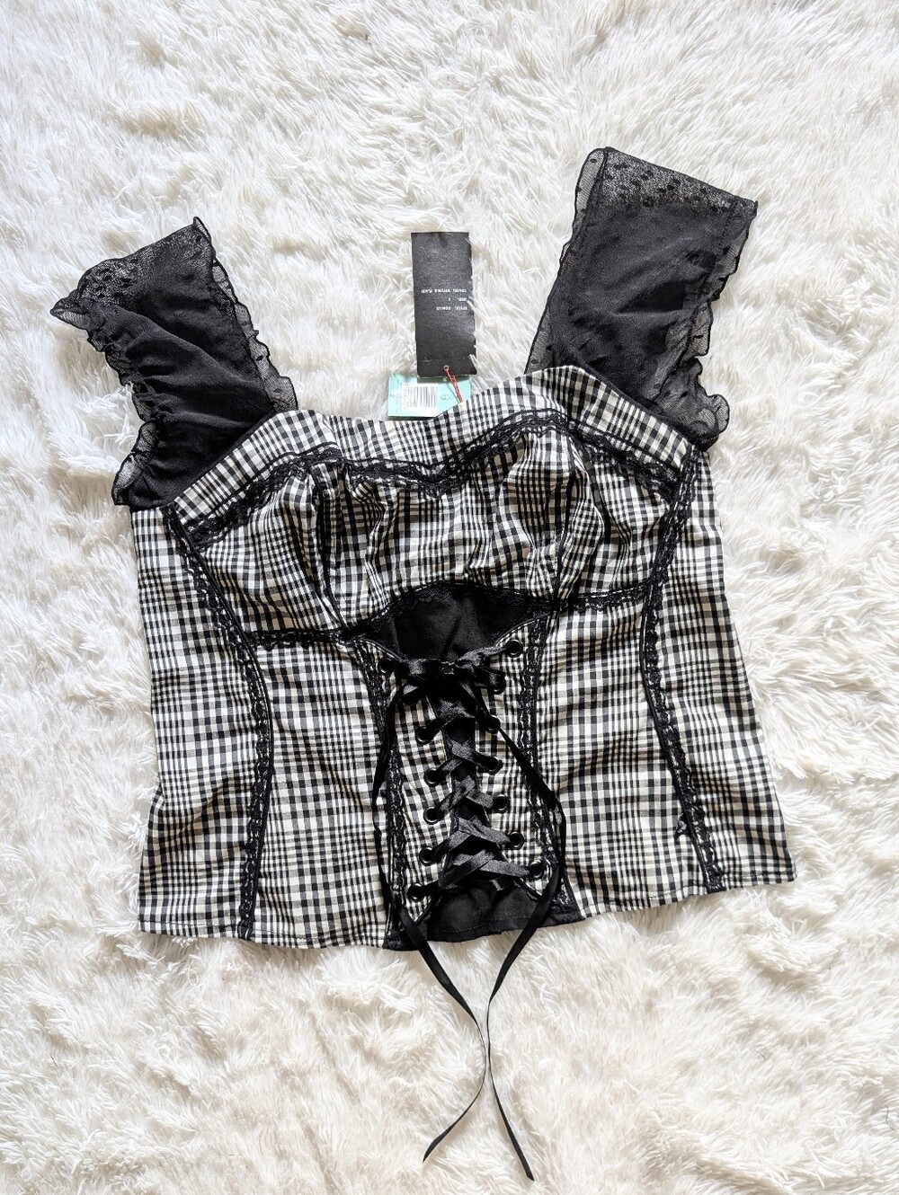 Y2K Tripp NYC Lace Up Black & White Plaid Off Shoulder Torrid Corset Top 2(X)